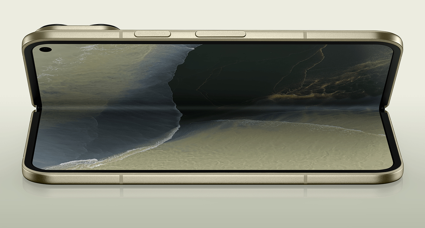 Pixel 11 Pro Fold in Pine showing the phone in partially unfolded state