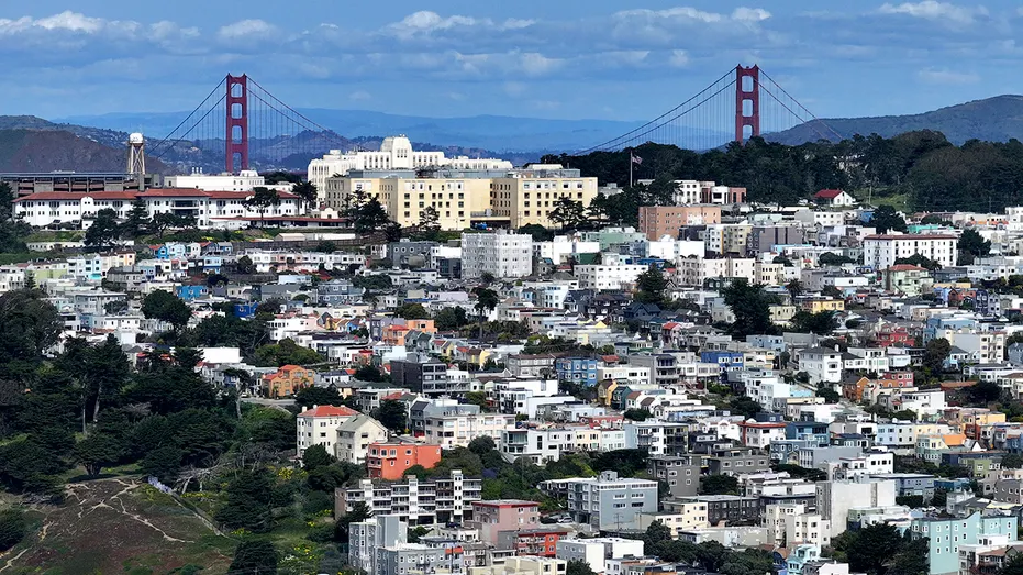 A San Francisco neighborhood with the Golden Gate Bridge in the background