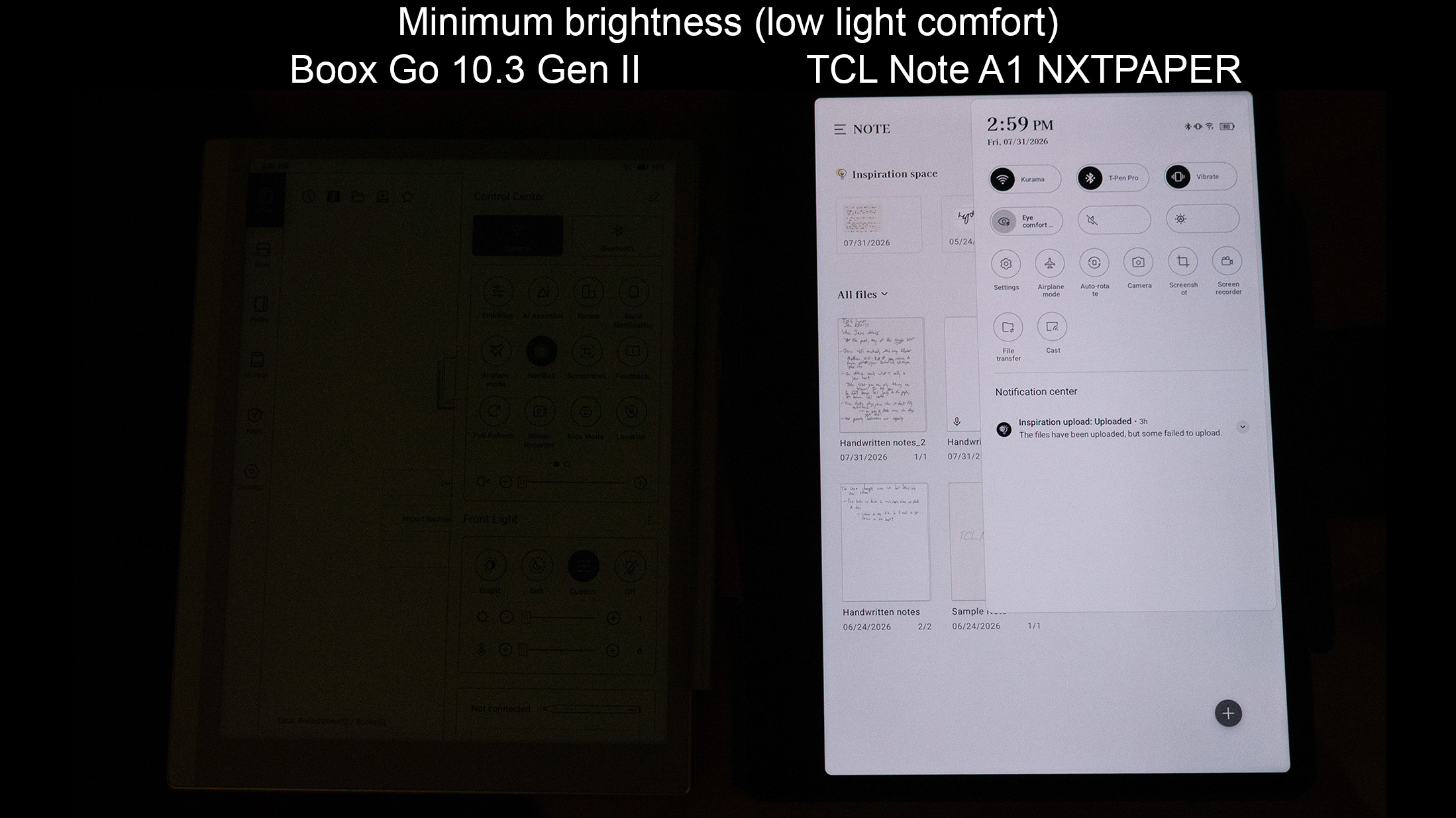 Comparing the minimum brightness output in a dark room between the Boox Go 10.3 Gen II and the TCL Note A1 NXTPAPER