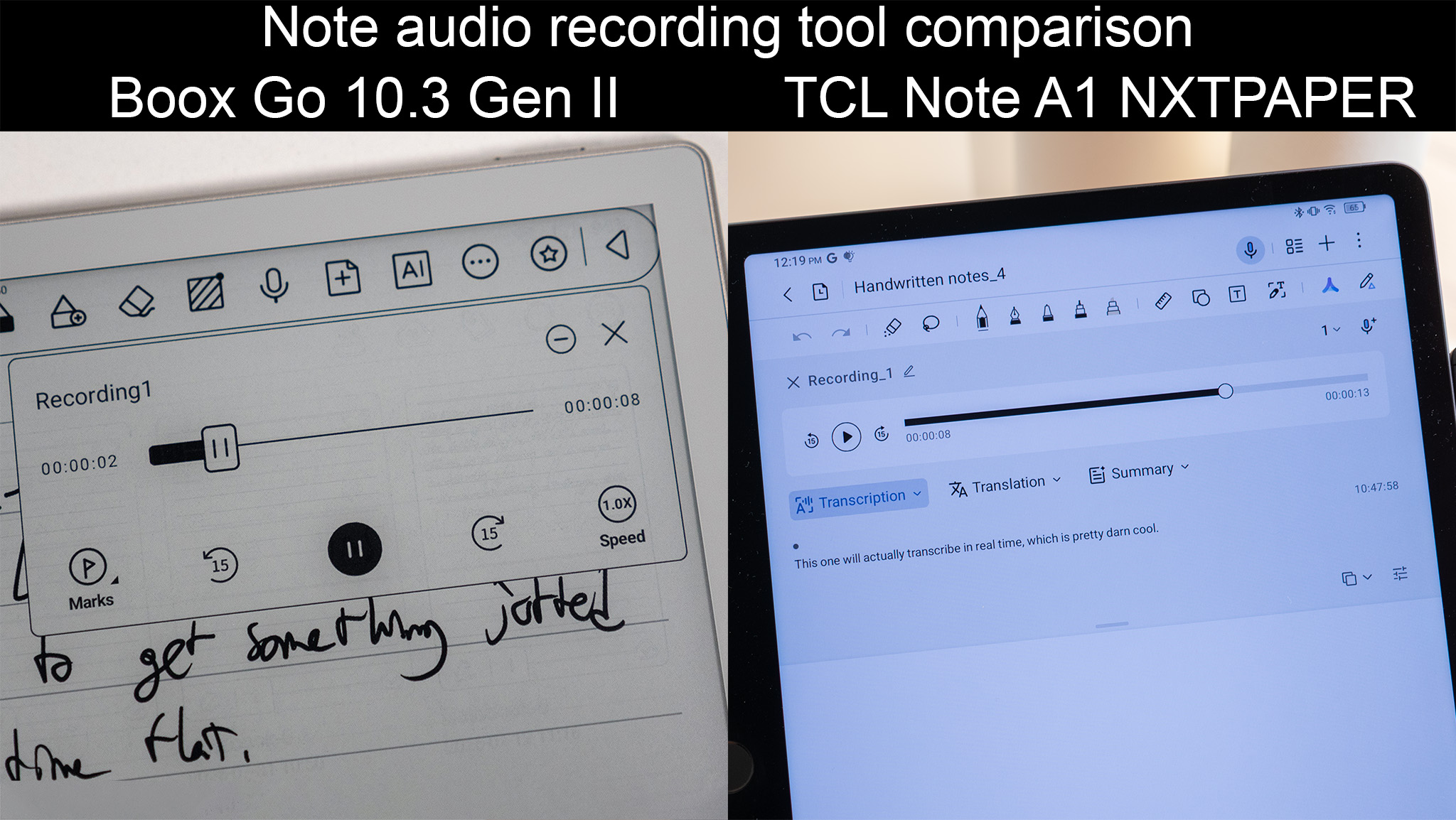 Comparing the audio recording note-taking tools between the Boox Go 10.3 Gen II and the TCL Note A1 NXTPAPER