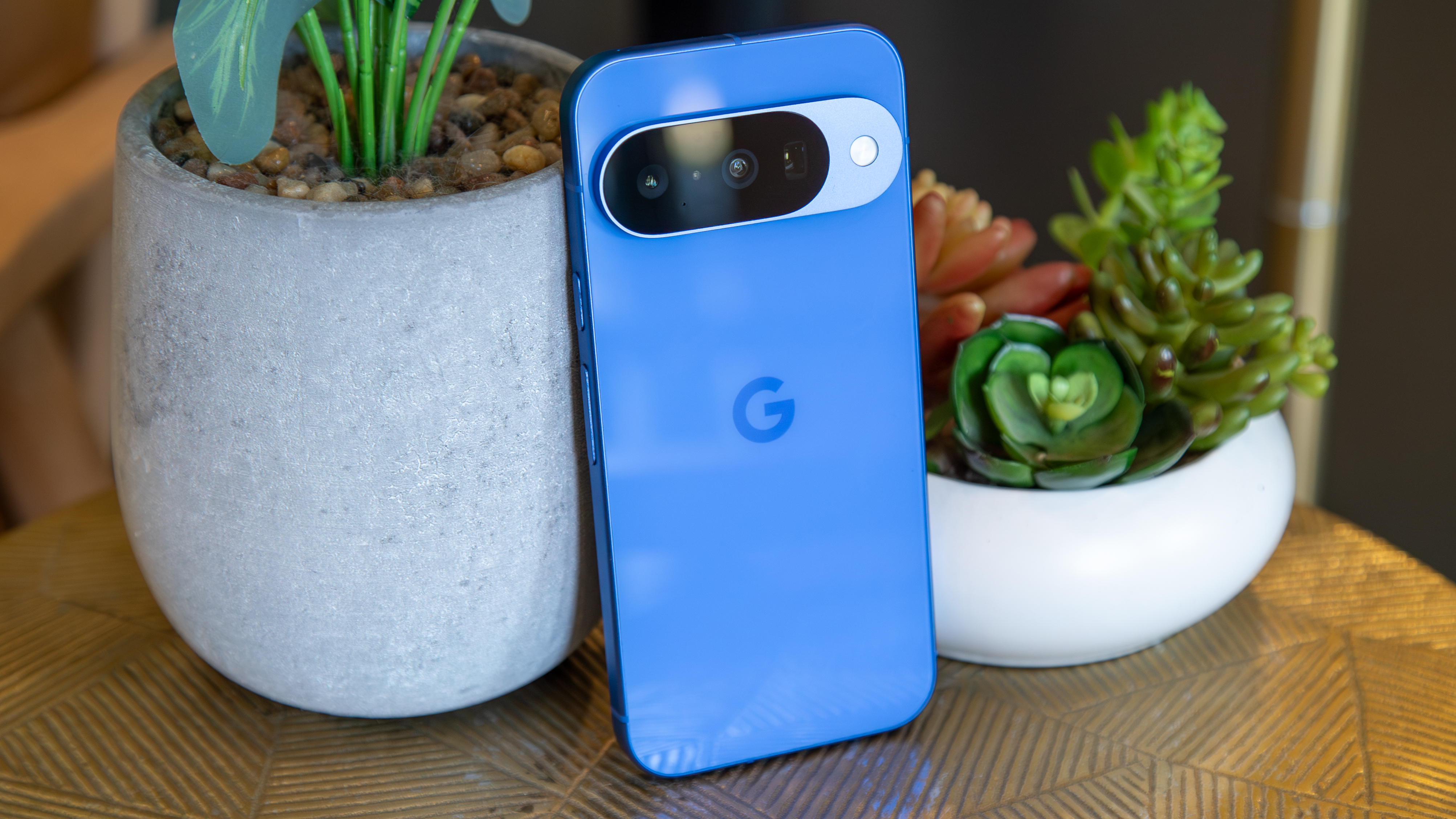 Pixel 10 next to two faux potted plants