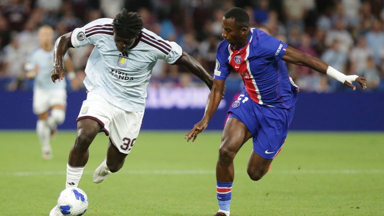 Aston Villa's Brian Madjo in action against Paris Saint-Germain in the UEFA Super Cup