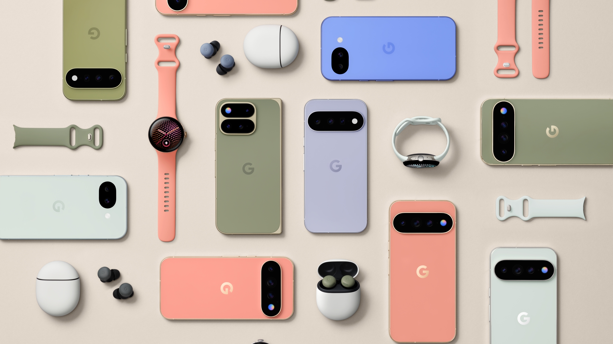 The Pixel 11 series, Pixel 11 Pro Fold, Pixel Watch 5, and Pixel Buds 2 in different colors