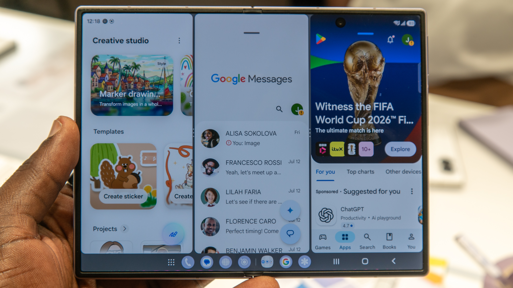 Galaxy Z Fold 8 running three apps side by side