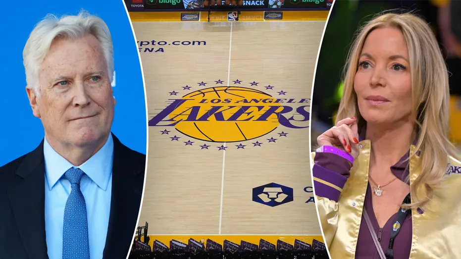 Mark Walter and Jeanie Buss with Lakers court logo in middle
