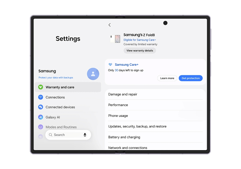 Samsung's new warranty and care menu in Settings