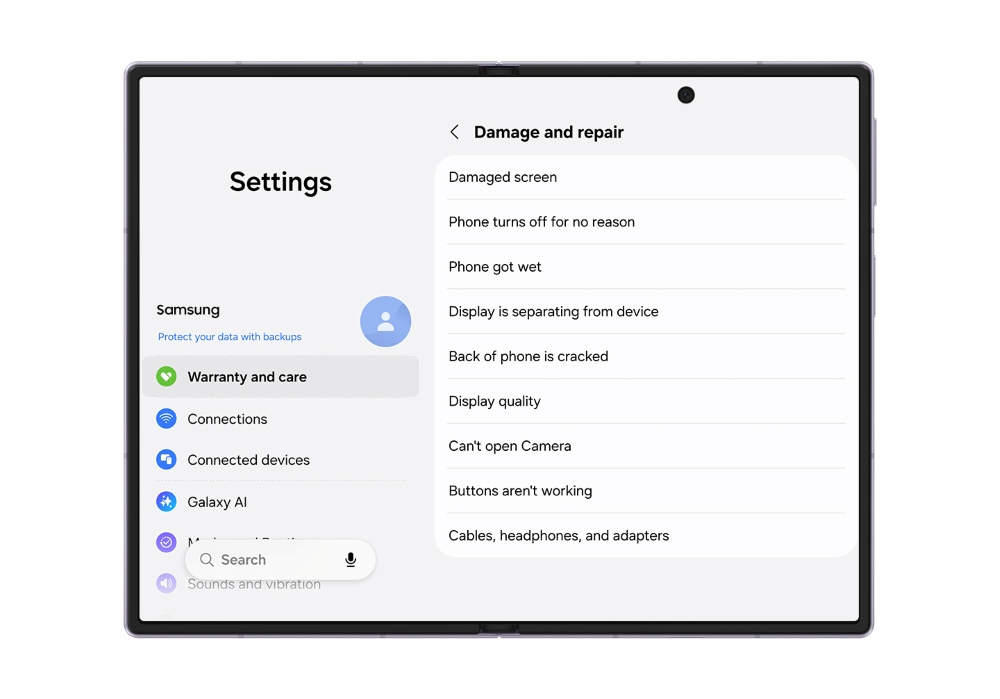 Damage and repair section in Samsung's new warranty and care menu