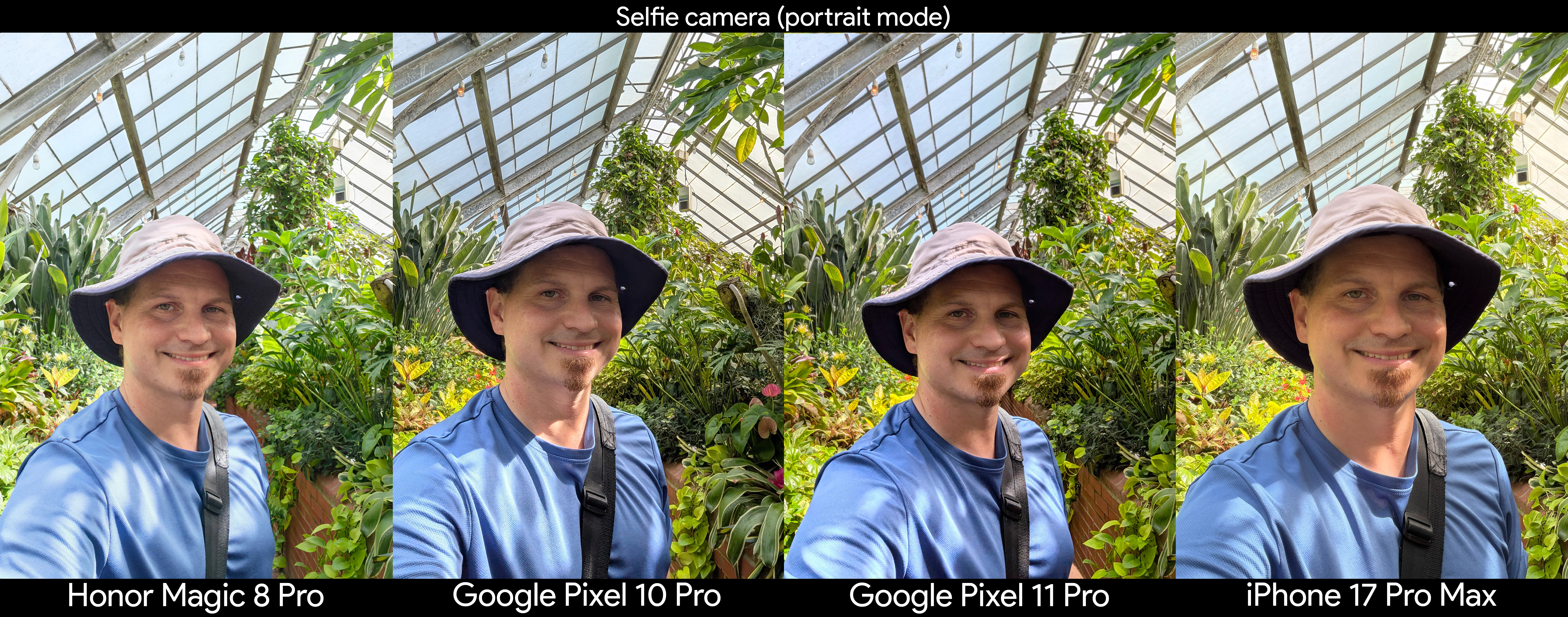 Comparing selfie quality between the Google Pixel 11 Pro, Pixel 10 Pro, iPhone 17 Pro Max, and Honor Magic 8 Pro