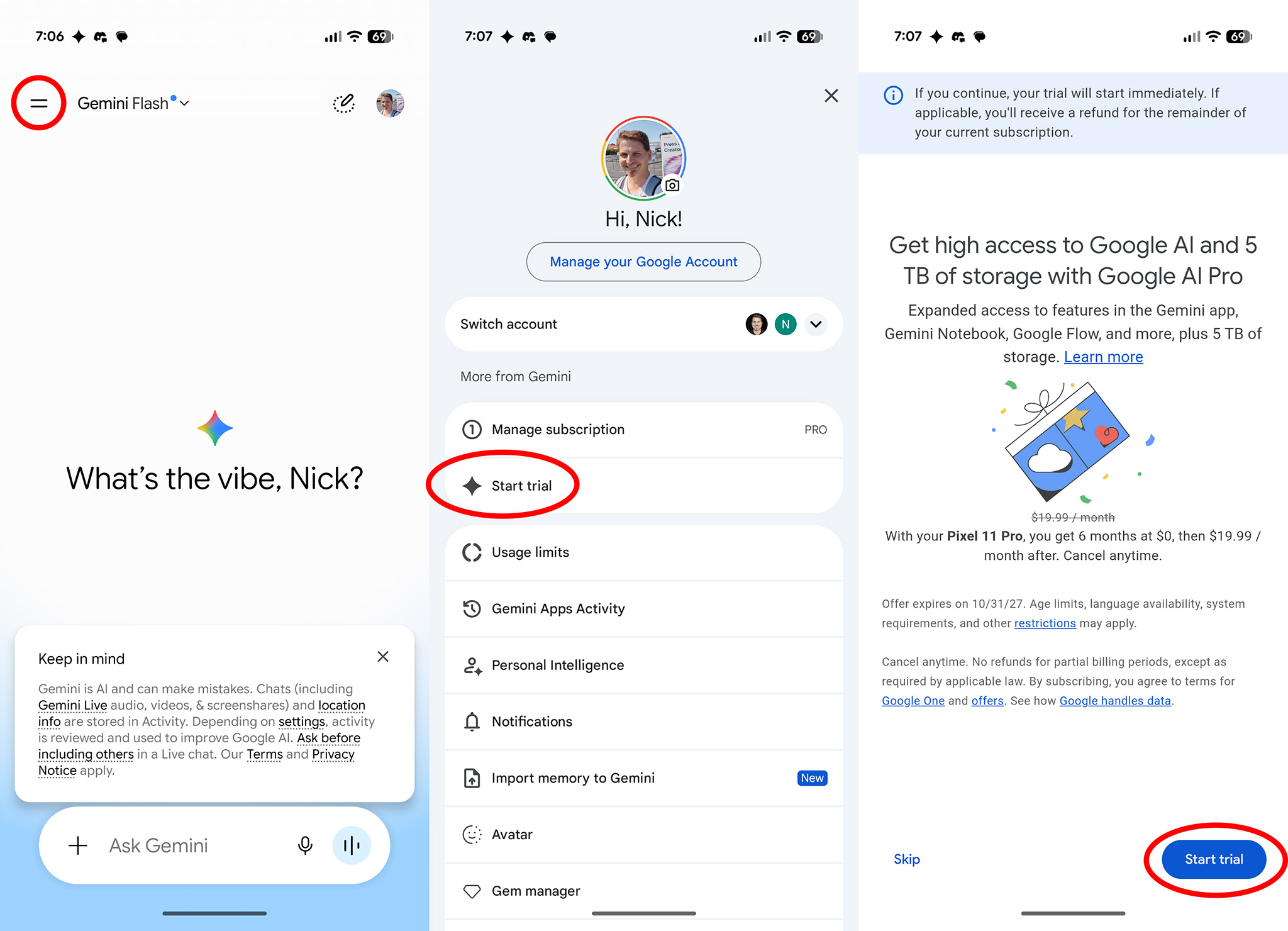 Starting a 6-month Google AI Pro trial on a Google Pixel 11 Pro
