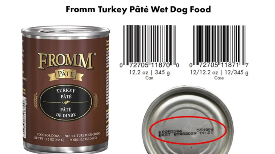 Recalled Fromm Turkey Pâté Wet Dog Food can with UPC and lot information