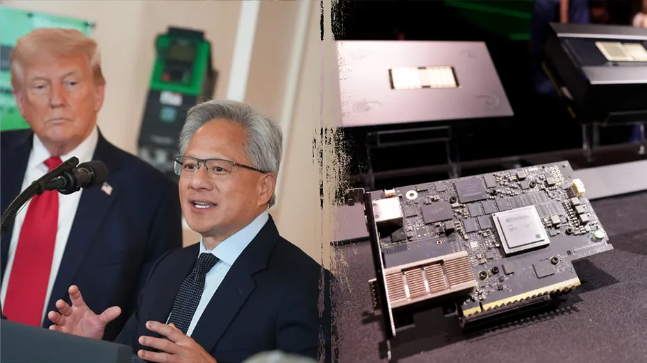 Nvidia CEO Jensen Huang and semiconductor chip