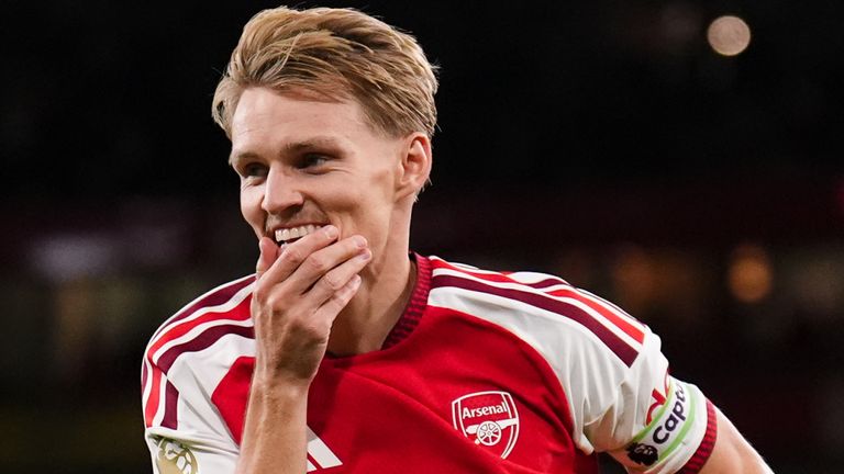Arsenal's Martin Odegaard celebrates scoring his side's third goal against Coventry
