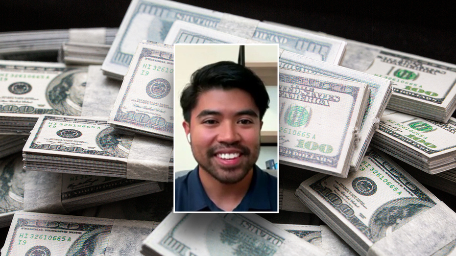 Financial influencer in front of a pile of bundled 100 dollar bills.
