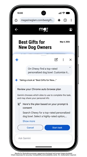 Users can ask Gemini in Chrome on Android to "auto-browse." This lets the AI complete a task that you tell it to complete, such as ordering an item or securing a venue/event.