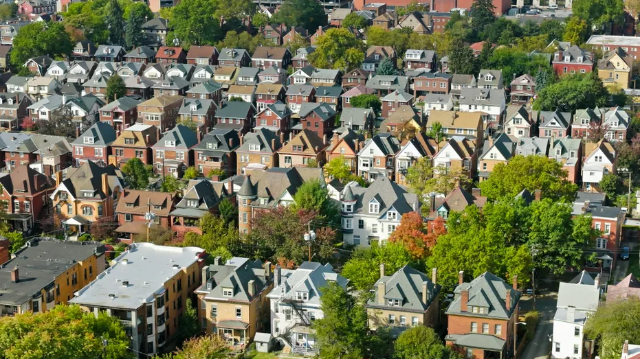 Aerial image of Victorian houses in Pittsburgh.