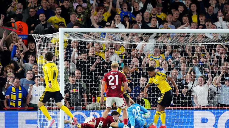 James Justin scores Leeds' second goal at Forest