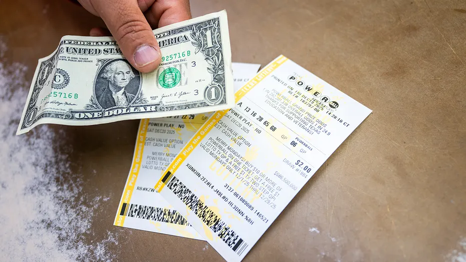 clerk displays Powerball lottery tickets