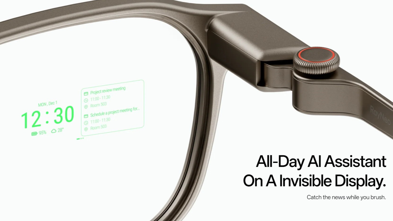 The RayNeo iO smart glasses focuses on user productivity with a 97% optical transparency HUD that constantly feeds useful information to the wearer throughout the day.