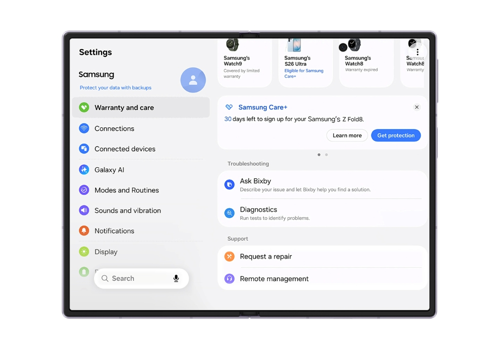 Samsung's new warranty and care menu in Settings