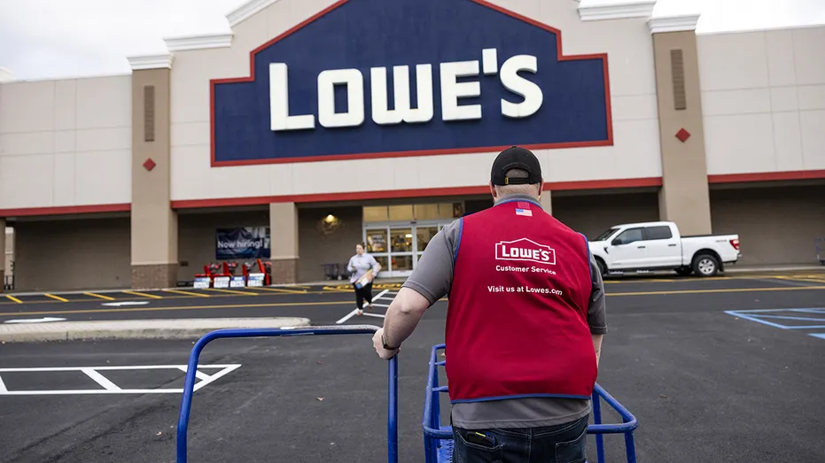 Lowe's worker pushes cart in front of store