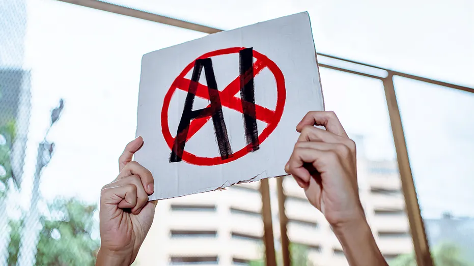 Hands hold an AI protest sign