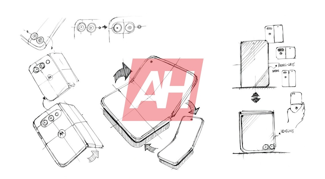 Various leaked sketches purporting the alleged design of a "wide" Razr Fold from Motorola.
