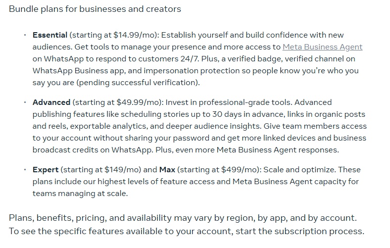 Meta One details for its business and creator Max and Expert plans.