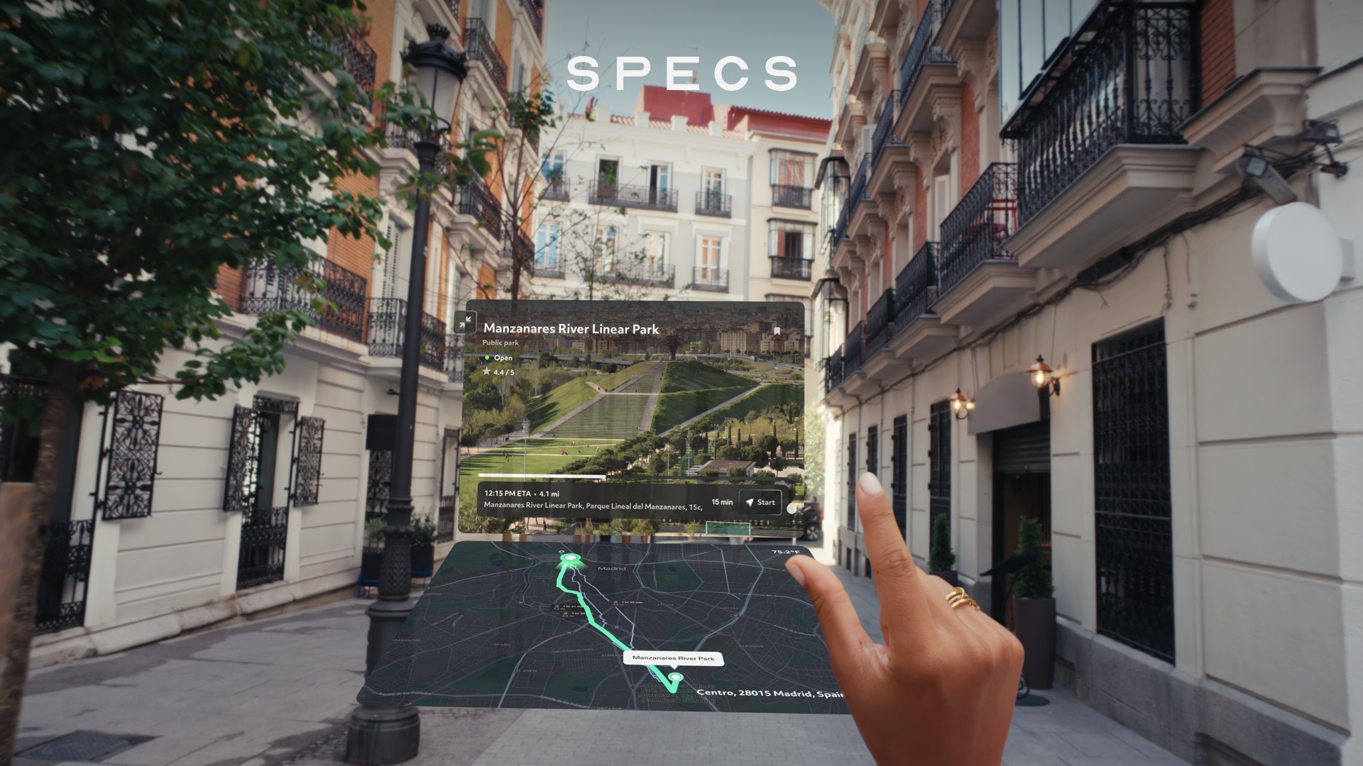 The Snap Specs displaying a set of navigational instructions on its glasses display for the user.