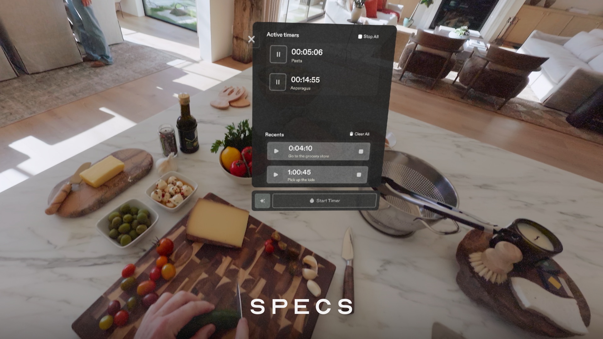 The Snap Specs showing a set of timers on its in-display UI while the model is cooking.