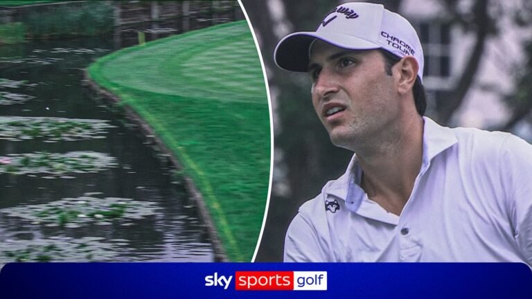 WOW! Celli's approach shot bounces off wood to avoid landing in water!