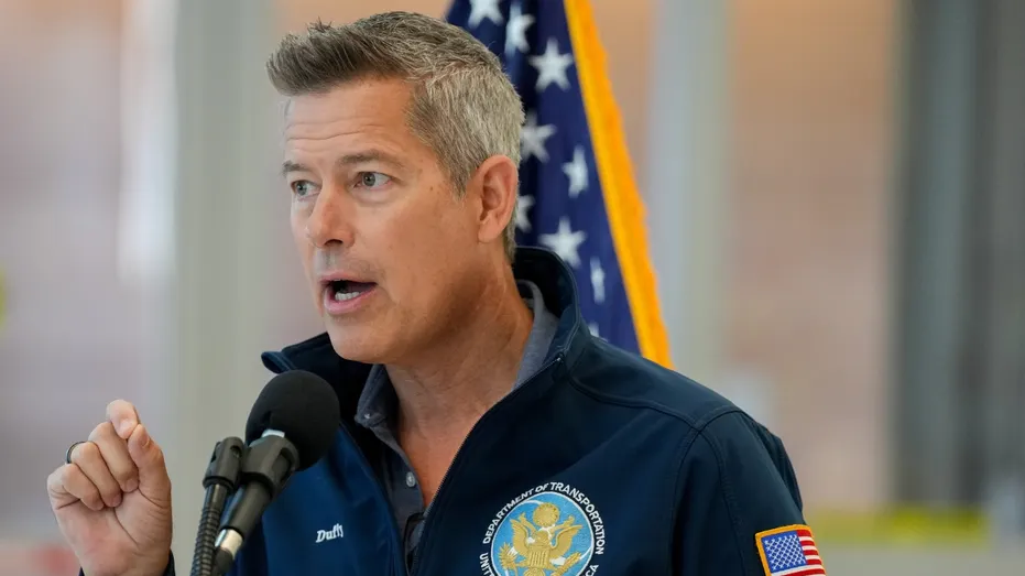 Transportation Secretary Sean Duffy gives a press conference at Newark Liberty International Airport.