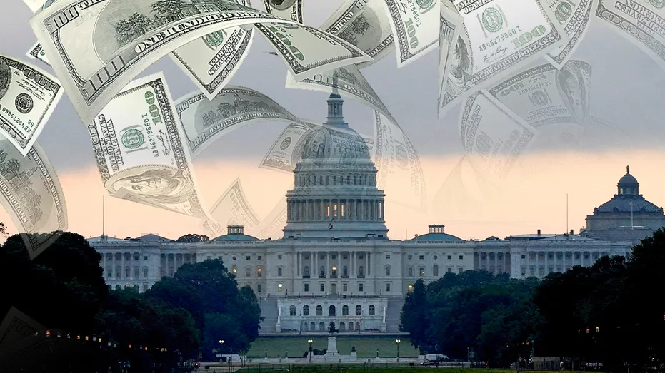 Money illustrated falling on the Capitol in D.C.