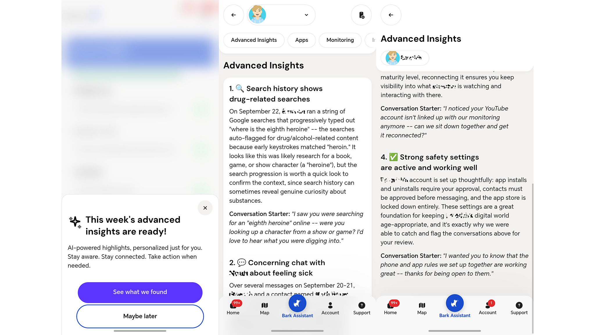 Advanced Insights on the Bark app identifying potential problems with a child's online searches and conversations