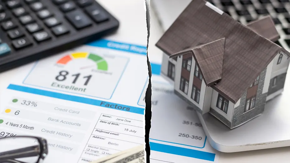 Split photo of credit score and home