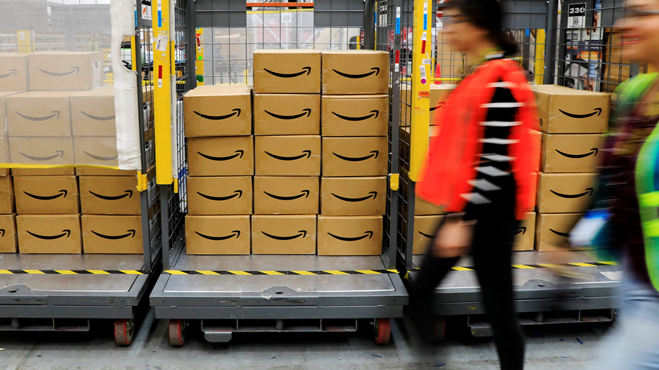 Amazon packages at a warehouse.