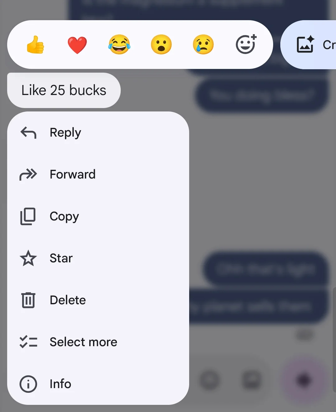 new long-press menu on Google Messages