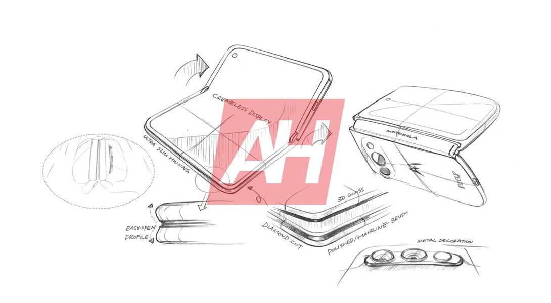 Various leaked sketches purporting the alleged design of a "wide" Razr Fold from Motorola.