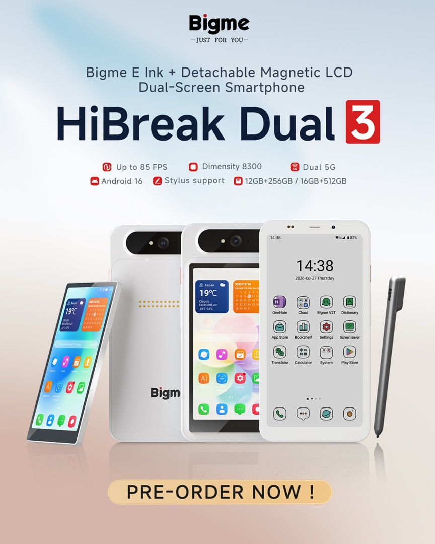 The BigMe HiBreak Dual 3 features an E-Ink main screen and a "detachable magnetic" LCD on the back.