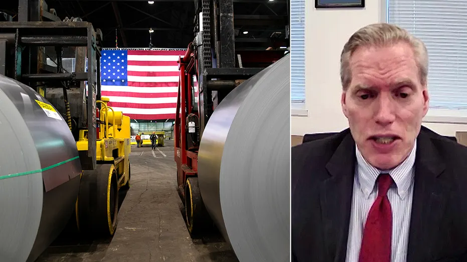 split photo of steel plant and man speaking
