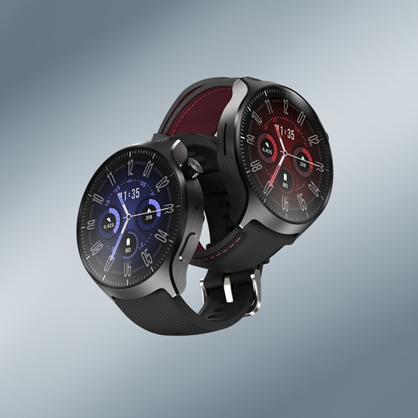 Moto Watch Ultra watch a red and purple watch face.