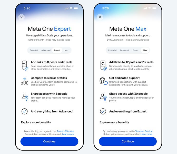 Meta One details for its business and creator Max and Expert plans.