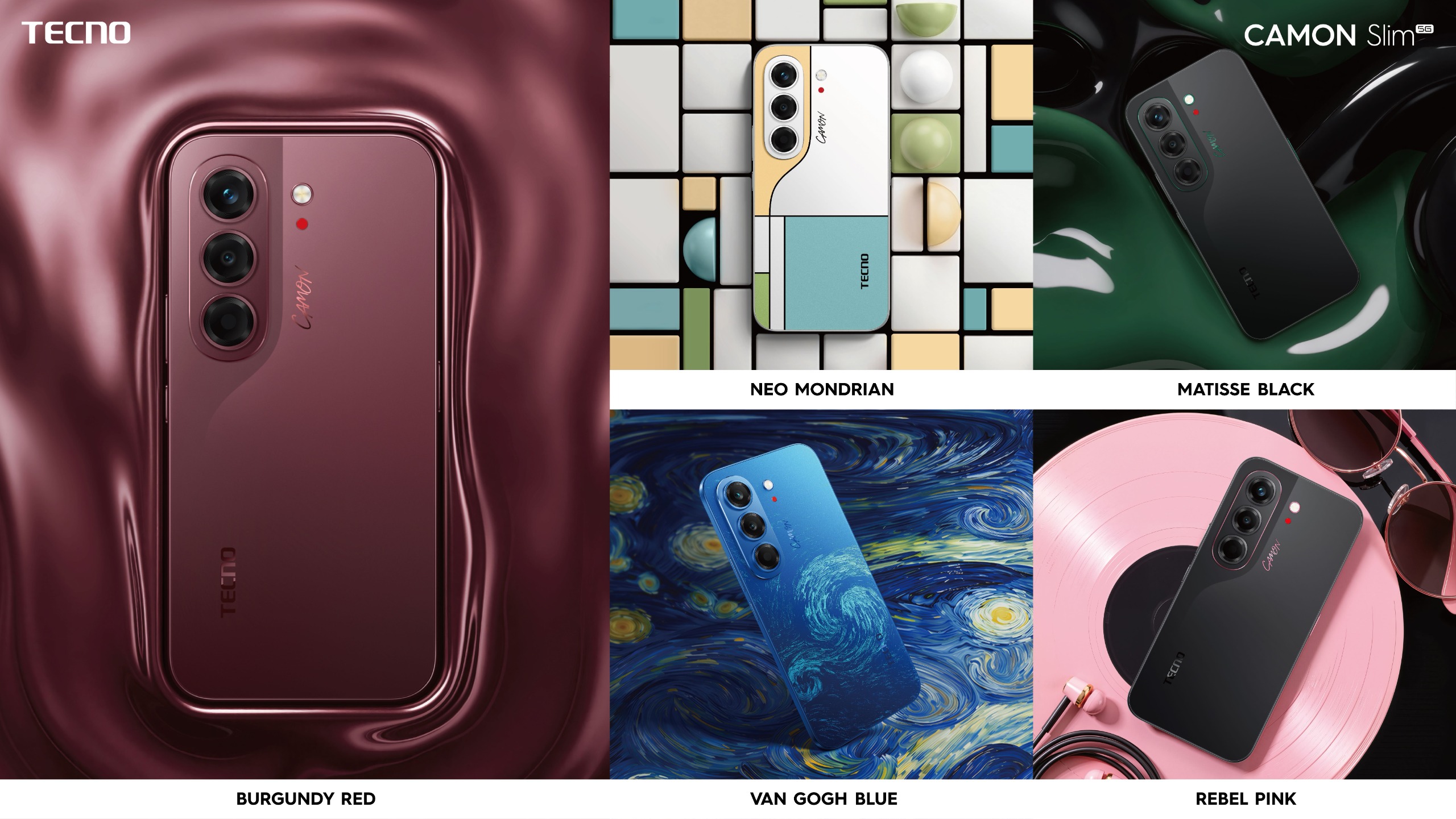Tecno Camon Slim 5G in burgundy, blue, black and white