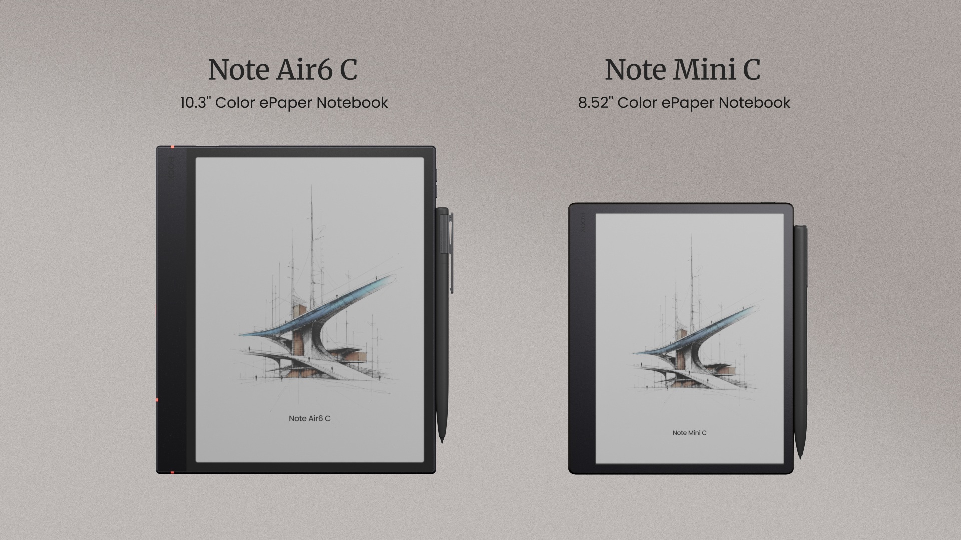 The Boox Note Air6 C alongside the upcoming, smaller Note Mini C.