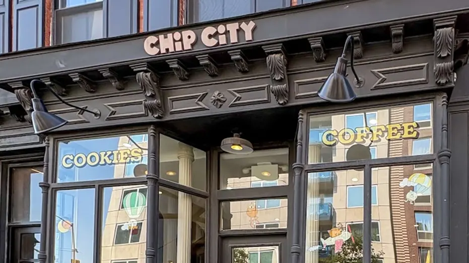 Chip City cookie shop exterior in Brooklyn, New York, with storefront signs for cookies and coffee