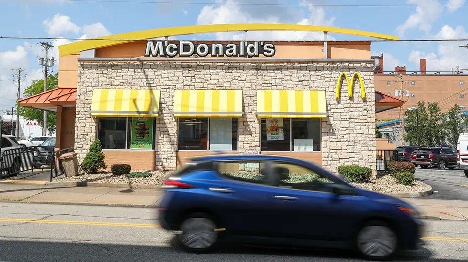 An exterior view of a McDonald's fast food restaurant.