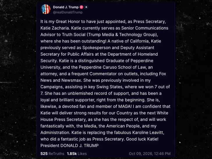 donald trump welcomes Katie Zacharia truth social