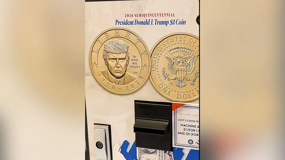 Dollar coin exchange machine displaying both sides of the 2026 Trump coin, featuring his portrait and the Presidential Seal
