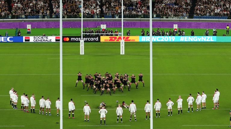Facing the haka ahead of their 2019 Rugby World Cup semi-final in Japan, England stepped forward in a V-shaped formation