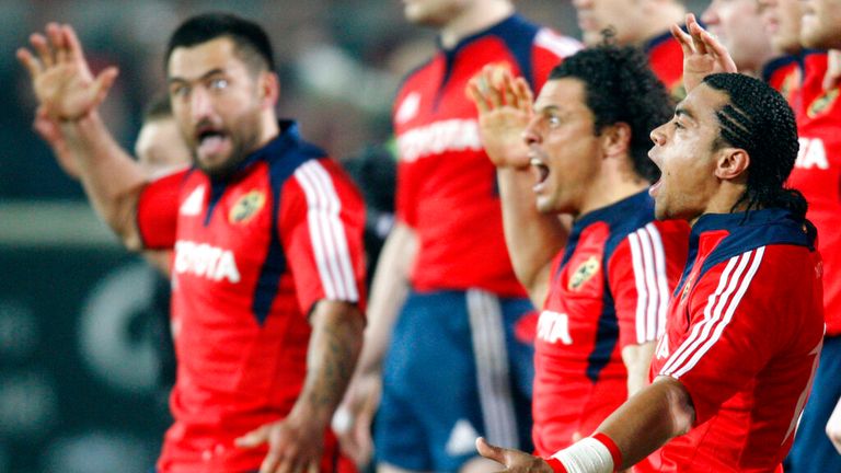 Munster's Rua Tipoki (left), Doug Howlett (centre) and Lifeimi Mafi (right) stepped forward to perform a memorable haka against the All Blacks at Thomond Park in 2008