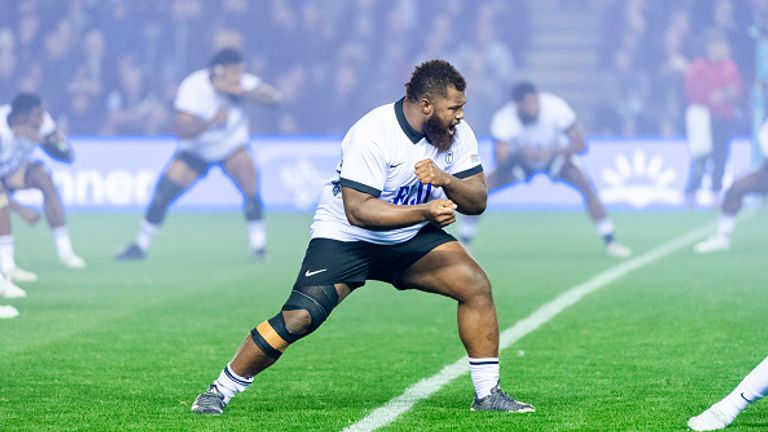 Fiji perform the Cibi during an Autumn Nations Series 2025 Test against Scotland at Murrayfield